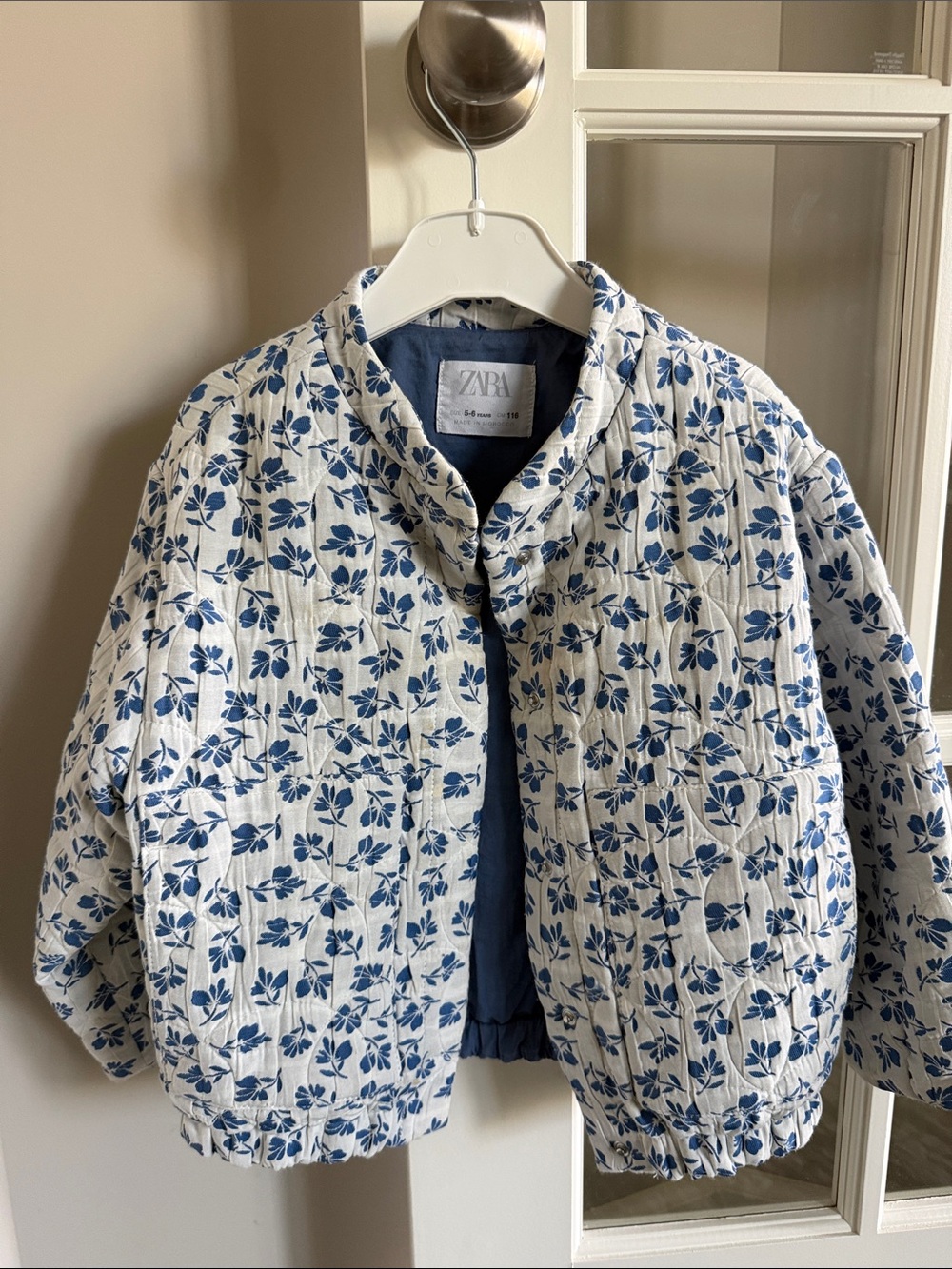 ZARA White Quilted Jacket with Blue Floral Print